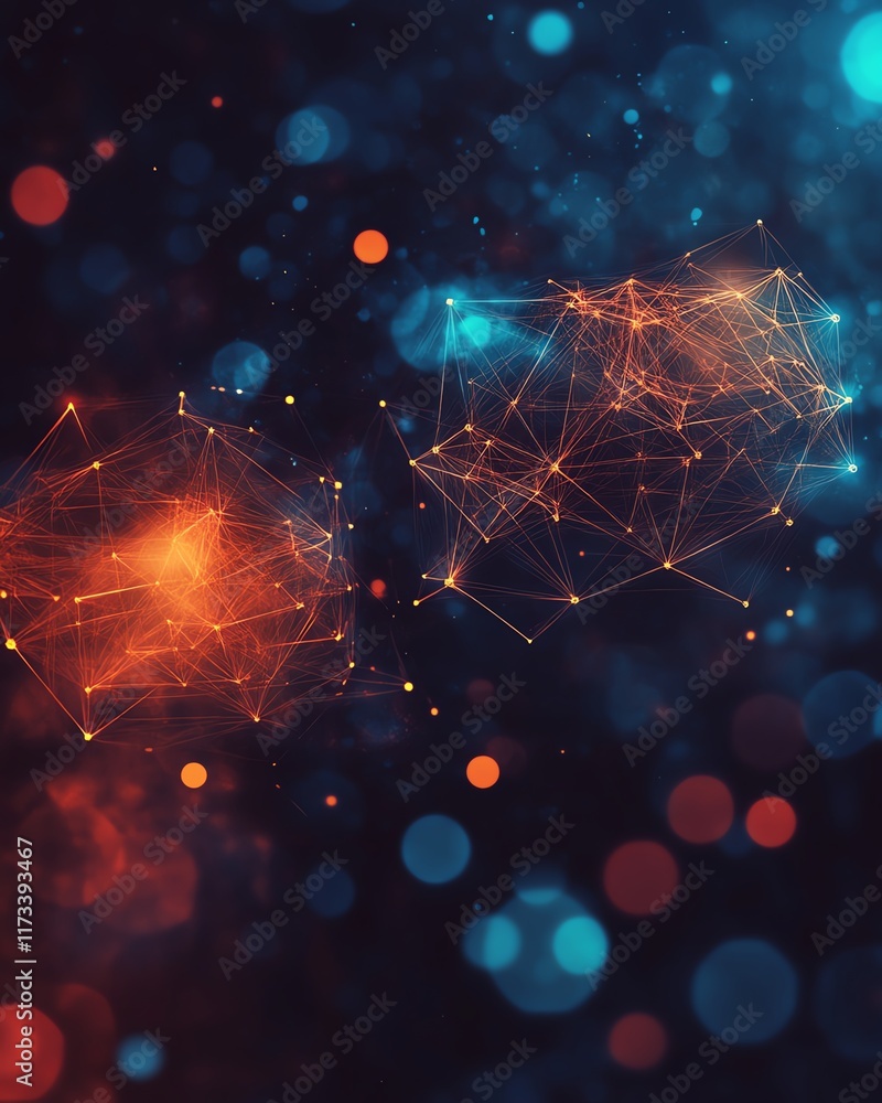 Poster speech bubbles interconnected by lines, representing communication networks, blurred tech background