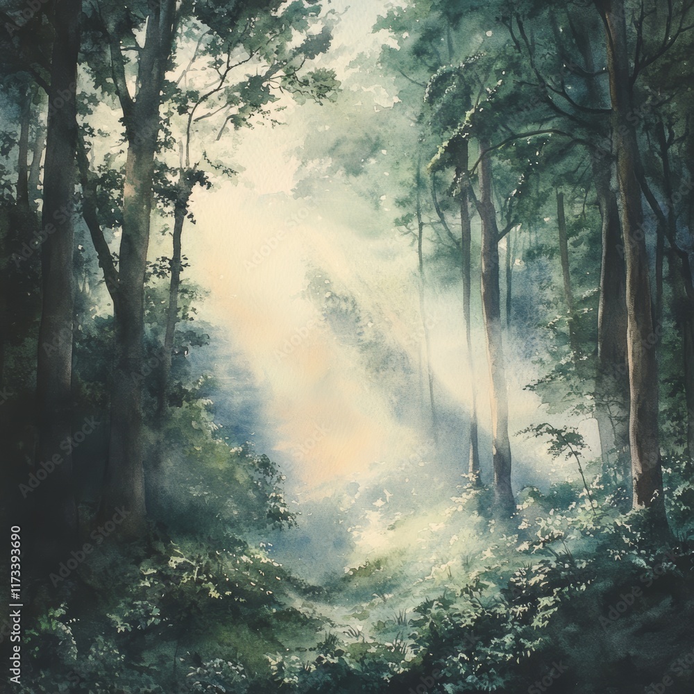 Poster sunlight filters through tall trees in a misty forest, creating a serene and tranquil atmosphere wit