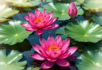 Vibrant pink water lilies in bloom