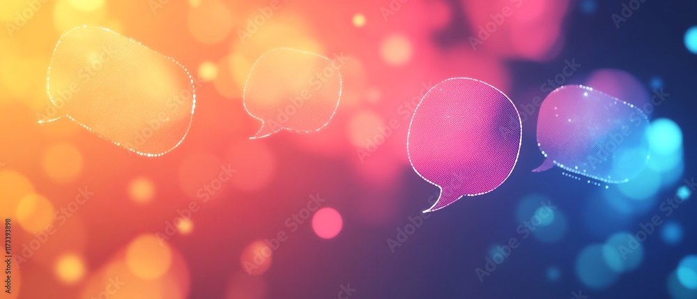 Poster speech bubbles linked by lines, communication networks visualized, blurred techinspired background, 