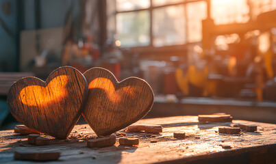 Two handcrafted wooden hearts bathed in the warm glow of sunset, symbolizing love and craftsmanship in a workshop setting