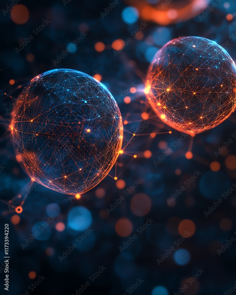 Poster speech bubbles linked by lines, visualizing communication network, techinspired background, blurred 