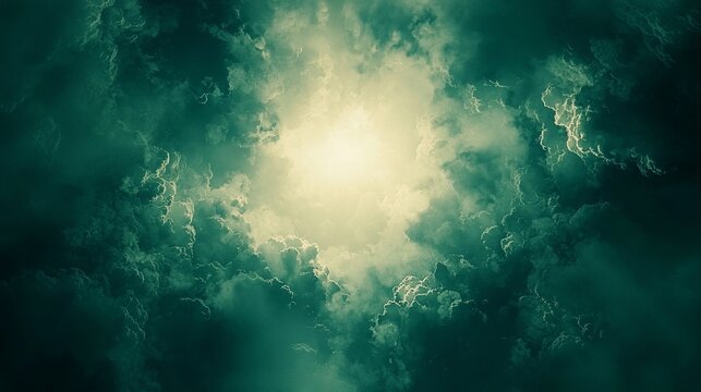 Bright light shining through dark, ominous clouds.
