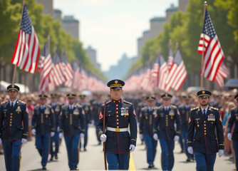 Military parade on street with soldiers holding american flags