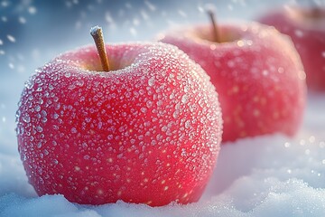 Frosted red apples in the snow. A winter scene of vibrant fruit.