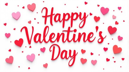 Elegant Valentine’s Day card design in a minimalist style, featuring Happy Valentine’s Day text in cursive, surrounded by red and pink hearts on a clean white background