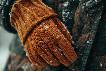 Warm knitted gloves covered in snow