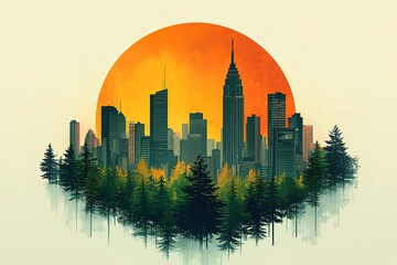 Fototapeta premium City skyline at sunset, nestled within a forest.