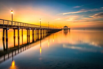 Obraz premium Minimalist California Wharf Sunset: Serene Coastal Scene