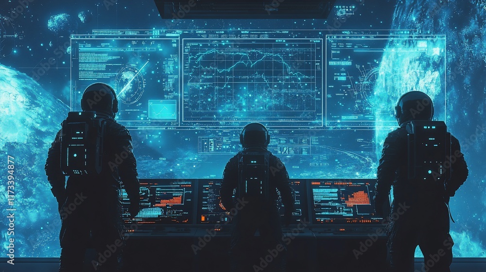 Poster Three astronauts monitor cosmic data on large screens in a spaceship control room.