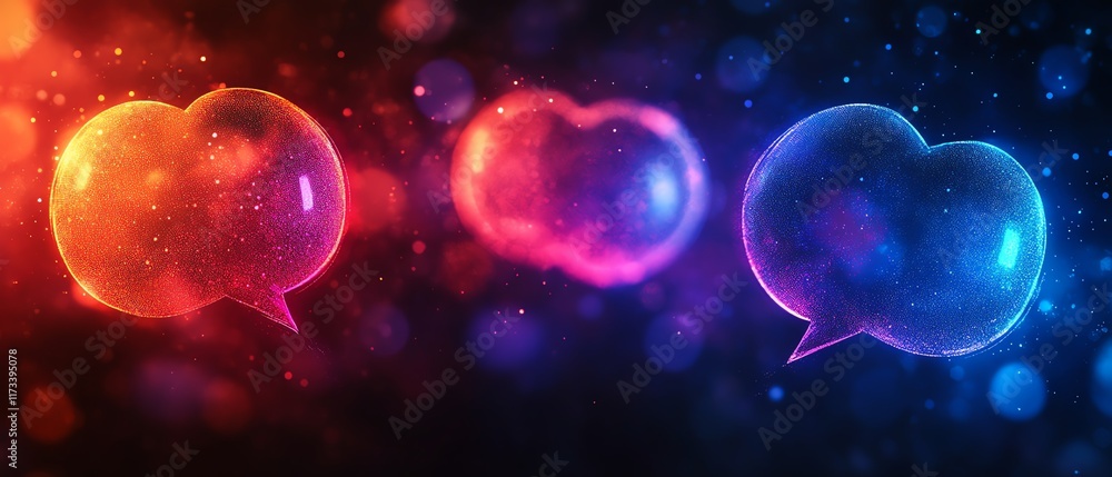 Poster speech bubbles linked by lines, communication networks visualized, blurred techinspired background, 