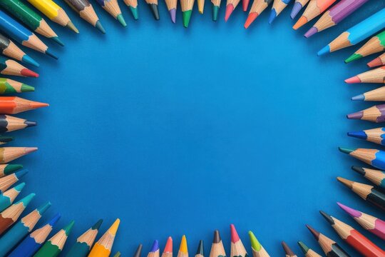Variety of colored pencils arranged in a circle on a blue background creating a vibrant border for art and creativity
