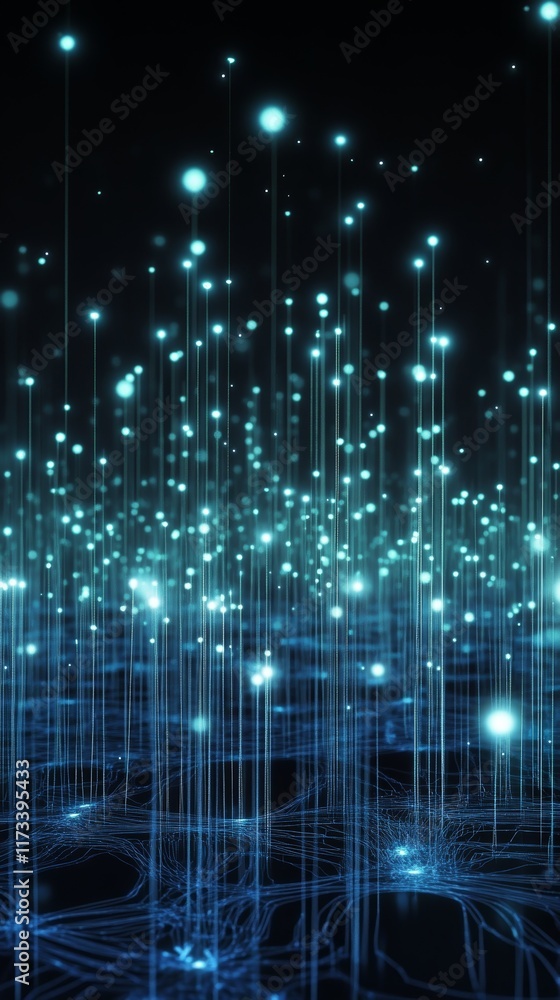 Poster a stunning abstract image featuring glowing blue light particles and vertical lines on a dark backgr
