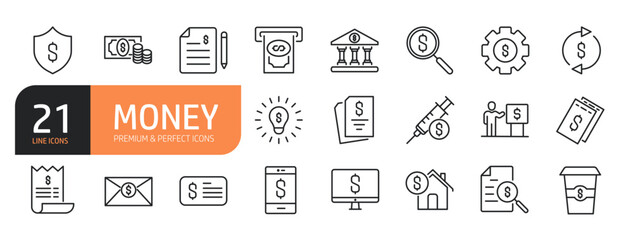 Set of line icons related to money, payment, financial ratio, business. Outline icons collection. Editable stroke. Vector illustration.