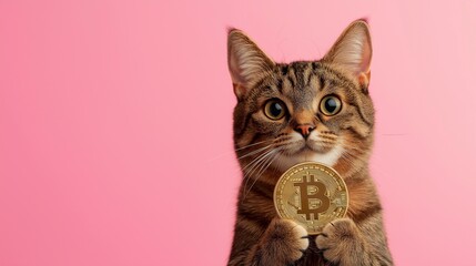 portrait of a cat with a bitcoin coin on a pink background, wealth, funny cat