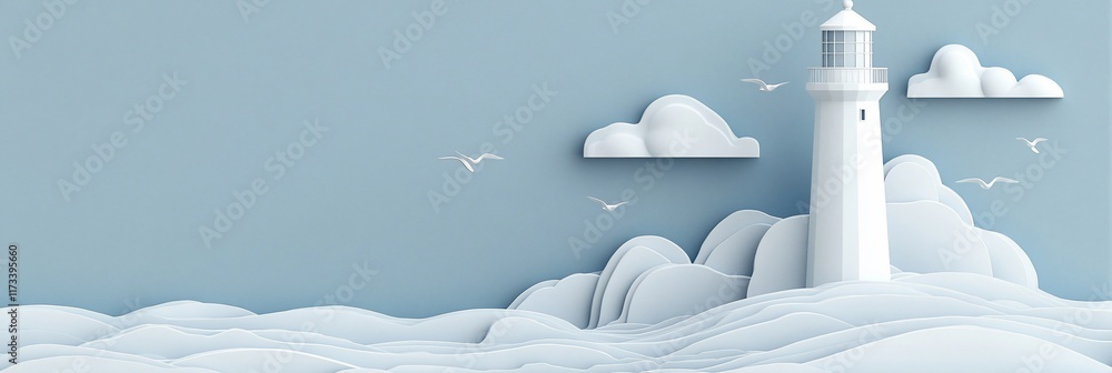 Poster minimalist 3d illustration of a lighthouse on a sea with clouds and birds.