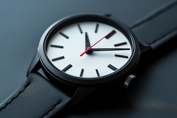 Sleek black wristwatch with a white face and red second hand.  Minimalist design, perfect for modern style.