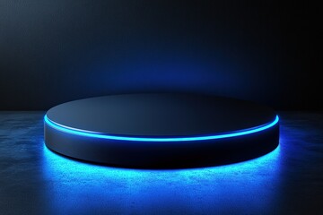 Dark platform with blue neon light. Ideal for product display or futuristic designs.