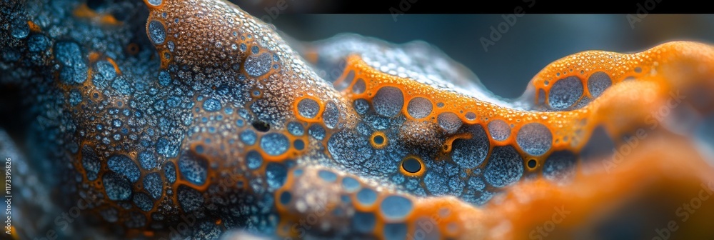 Poster abstract close-up of textured surface with blue and orange bubbles.