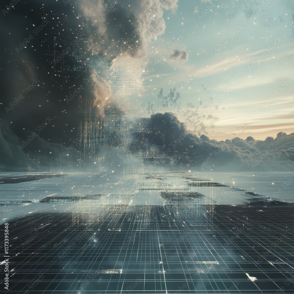 Poster experience a surreal world where the ground is composed of floating elements, merging dreamlike stru