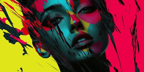 Fototapeta premium An abstract portrait featuring vivid colors and striking patterns showcasing a modern artistic style.
