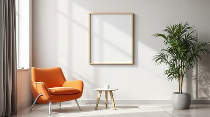Realistic stock photo of a mockup picture frame on a white wall in a minimalist, bright interior, featuring an orange armchair, a sleek wooden small table, and a lush green houseplant by the side