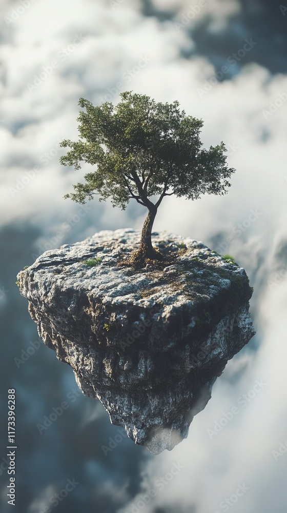 Poster a solitary tree stands on a floating rocky island surrounded by clouds, creating a surreal and dream