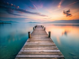 Obraz premium Minimalist Dawn: Old Wooden Jetty on Lake Garda, Italy