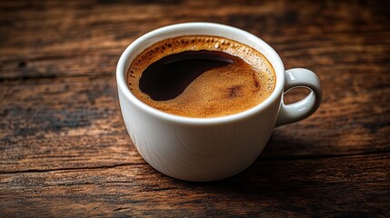 Freshly brewed coffee in a white cup sits on a rustic wooden table, inviting warmth and comfort during a quiet morning moment