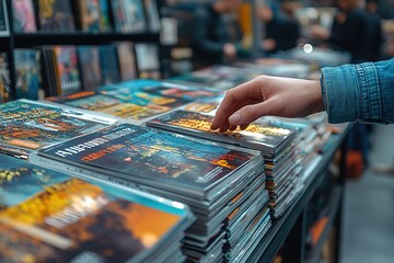 Browsing through a stack of graphic novels at a bookstore.