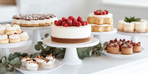 A table full of desserts including cakes, cupcakes, and pastries. The desserts are arranged on white plates and white cake stands. The table is set up for a special occasion or celebration
