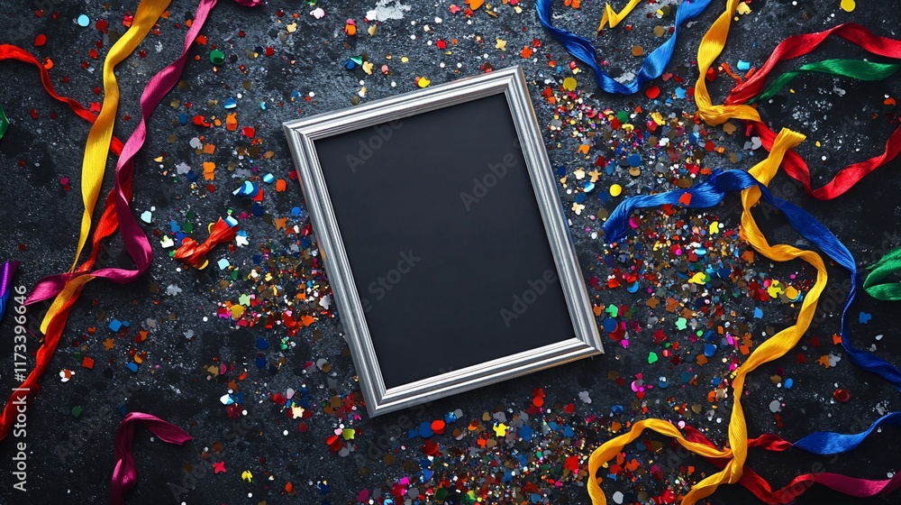 Poster blank frame surrounded by colorful ribbons and confetti on dark background.