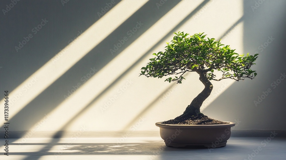 Aufkleber A small bonsai tree in a terracotta pot, sits on a floor, illuminated by sunlight streaming through a window, casting diagonal shadows on the wall.