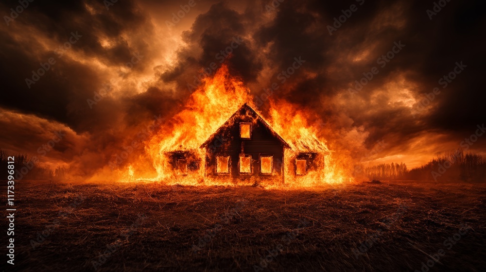 Poster large flames engulfing a wooden house in a field at night, creating a dramatic and devastating scene