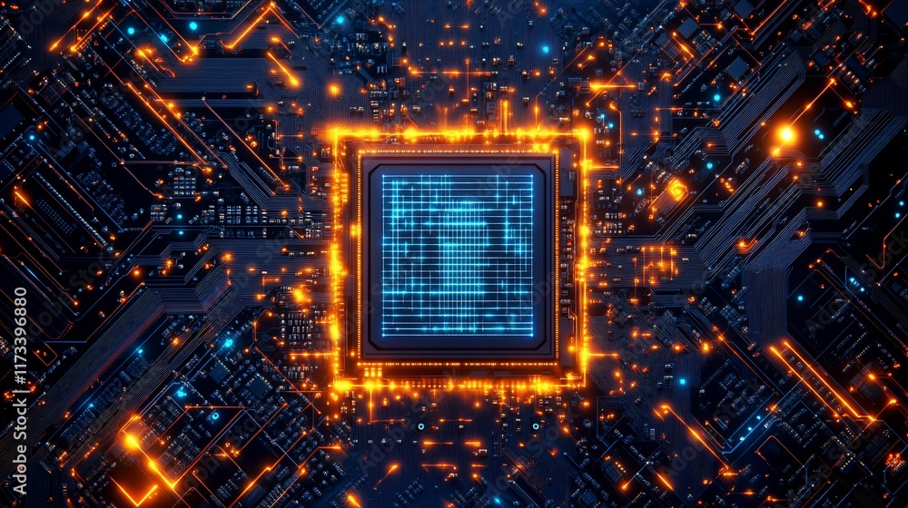 Aufkleber close-up of a glowing central processing unit (cpu) on a circuit board.