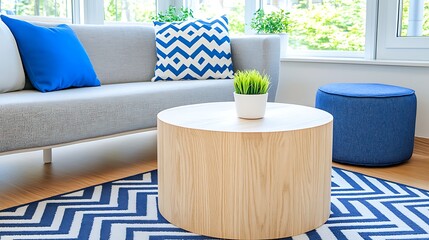 Modern Living Room Interior  Wooden Coffee Table  Blue Pillows   Rug