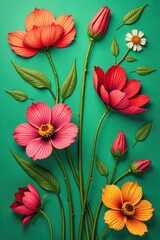 Close-up of intricate flower illustrations on green background, botanical art, vintage style, green paper