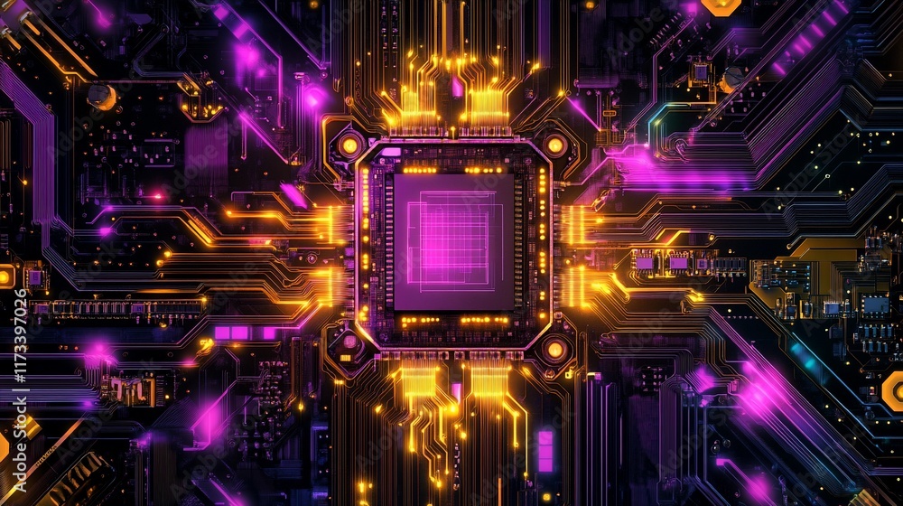 Poster Abstract glowing circuit board with central processor.