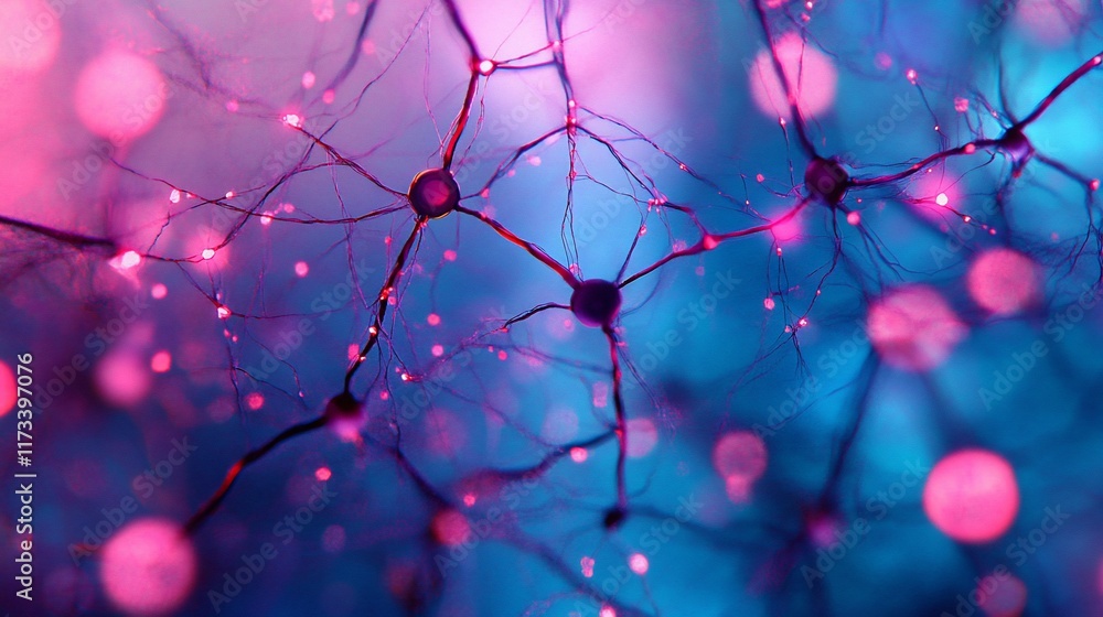 Aufkleber microscopic view of interconnected neurons, glowing in pink and blue hues, representing neural netwo