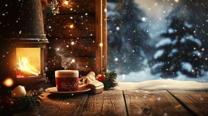 A cozy photo of a wooden cabin, hot chocolate by the fireplace, with snow falling outside