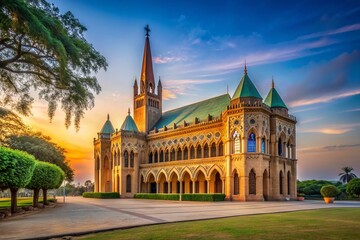 Obraz premium Minimalist Frere Hall Karachi: Dawn's Embrace, Architectural Elegance