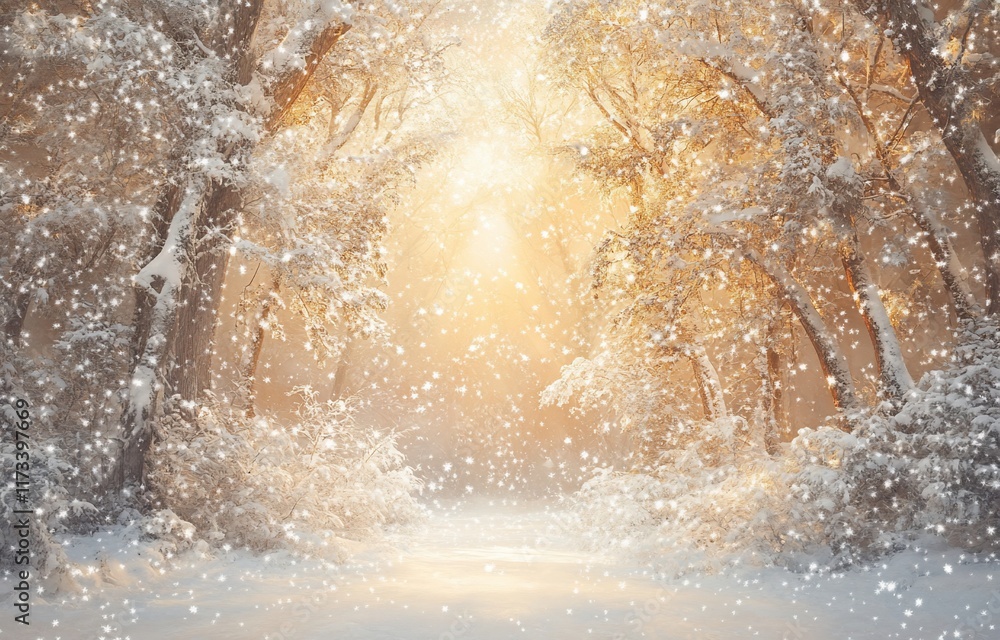 Poster magical snowy forest path with sunlight filtering through snow-covered trees.