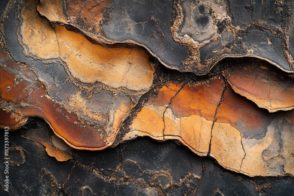 Poster close-up of layered rock formations with orange, brown, and black hues, showing texture and patterns