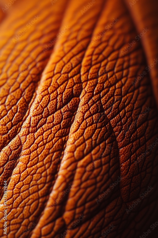 Poster Close-up macro shot of a textured, orange leaf surface, revealing intricate vein patterns and cellular structure.