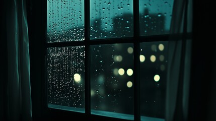 Serene Raindrops on Window Overlooking Vibrant City Lights