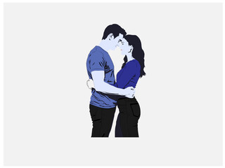 A premium vector showcasing a loving couple standing together as the man embraces his girlfriend. The image radiates warmth and affection, symbolizing love and connection. 