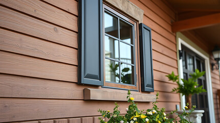 A close-up view of a house's exterior, featuring brown wood siding, a window with dark shutters, and a wooden window sill.  Flowers are partially visible in a planter below the window.