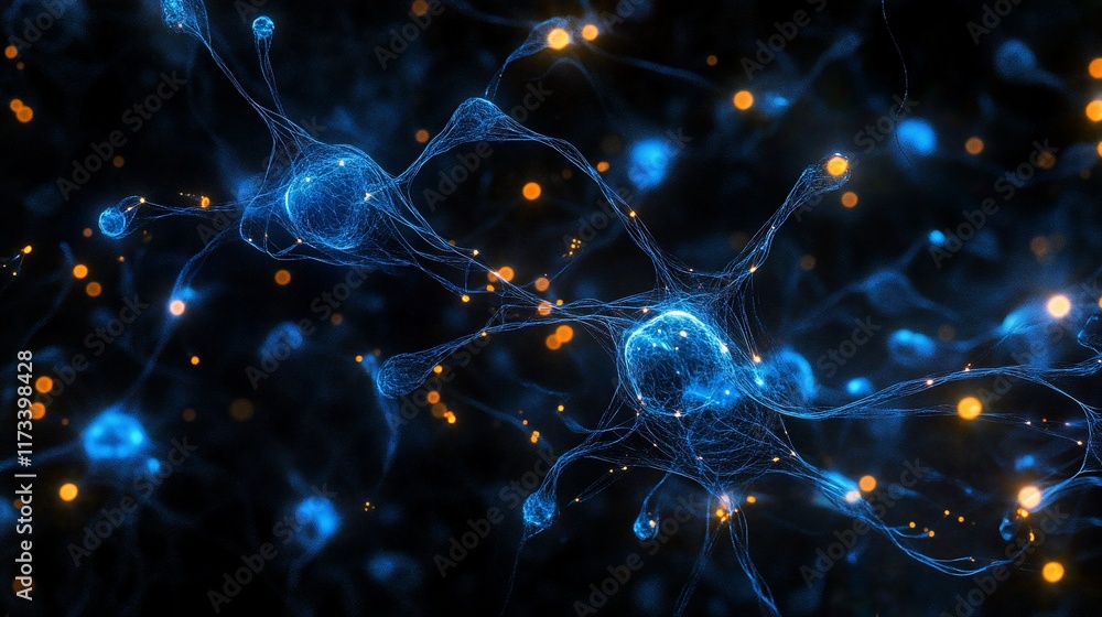 Poster Abstract neural network, glowing neurons and synapses.