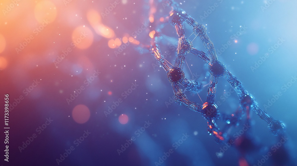 Poster Abstract DNA double helix structure, glowing in blue and orange hues against a bokeh background.