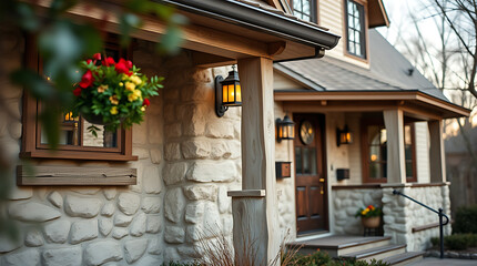 Obraz premium Stone-faced house exterior with wooden accents, featuring a hanging flower basket, lighted lanterns, and a visible front door and porch. The house has a Craftsman style.